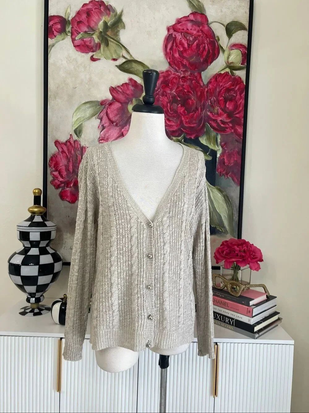 Belldini Women's Cable Knit Button Front Metallic Cardigan Sweater Beige Large